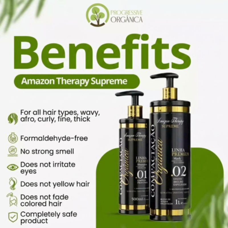 AMAZON THERAPY Supreme Organic Progressive Treatment Kit Shampoo 1L + Mask 500ml Formaldehyde-Free